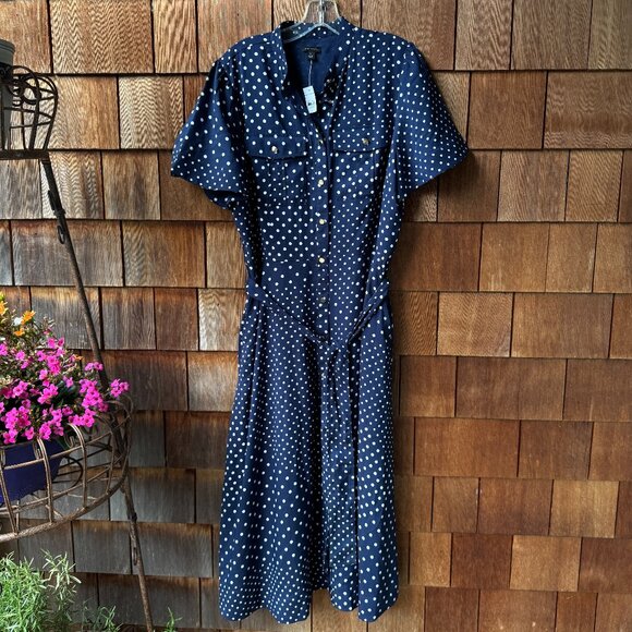 NWT Ann Taylor Navy Dotted Patchwork Pocket Short Sleeve Shirtdress - Women's 14 - Picture 2 of 14